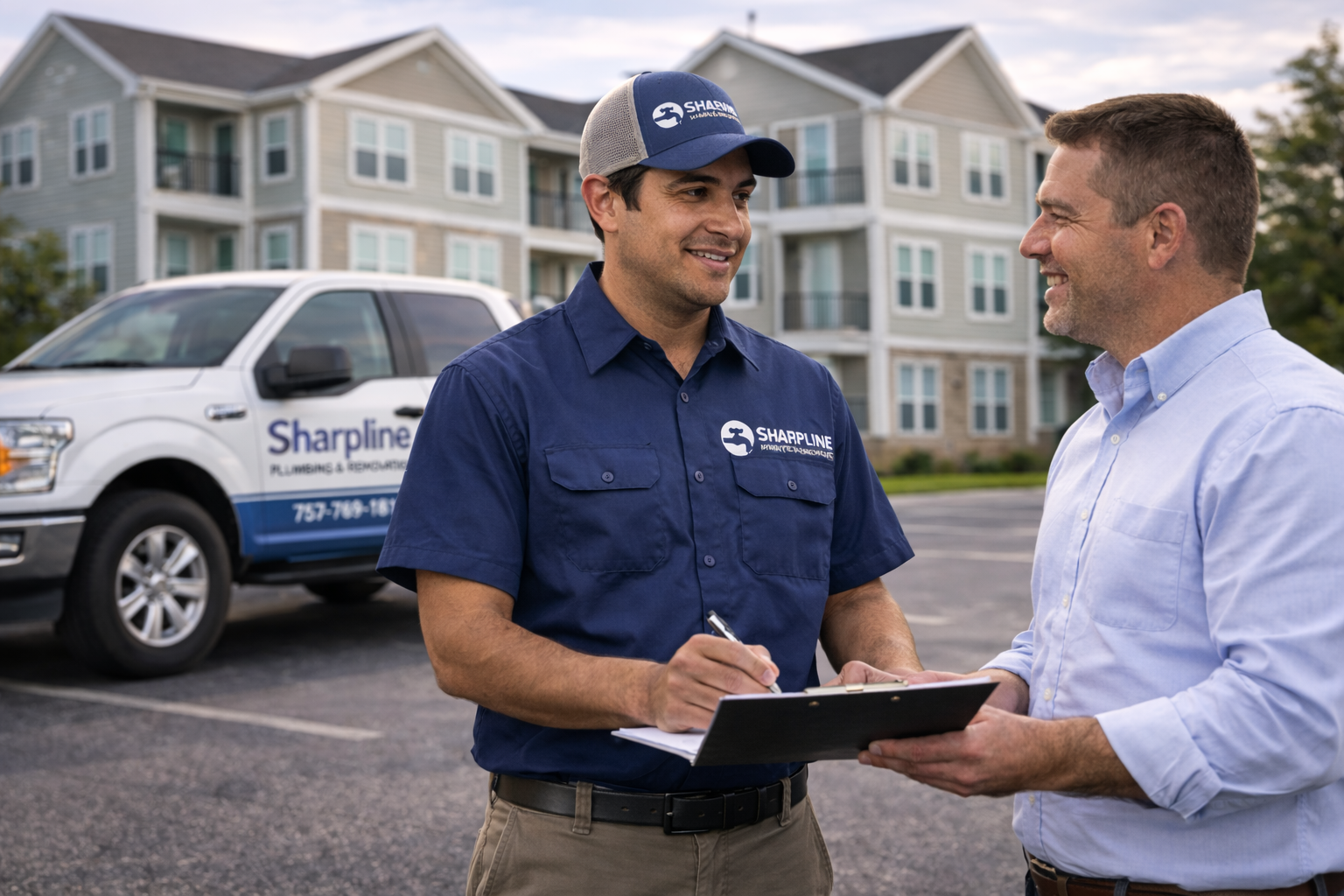 Sharpline Plumbing & Renovation technician partnering with a property manager outside a multi-family apartment community in Hampton Roads, providing reliable commercial plumbing, emergency repairs, and preventative maintenance for apartment buildings and condos.