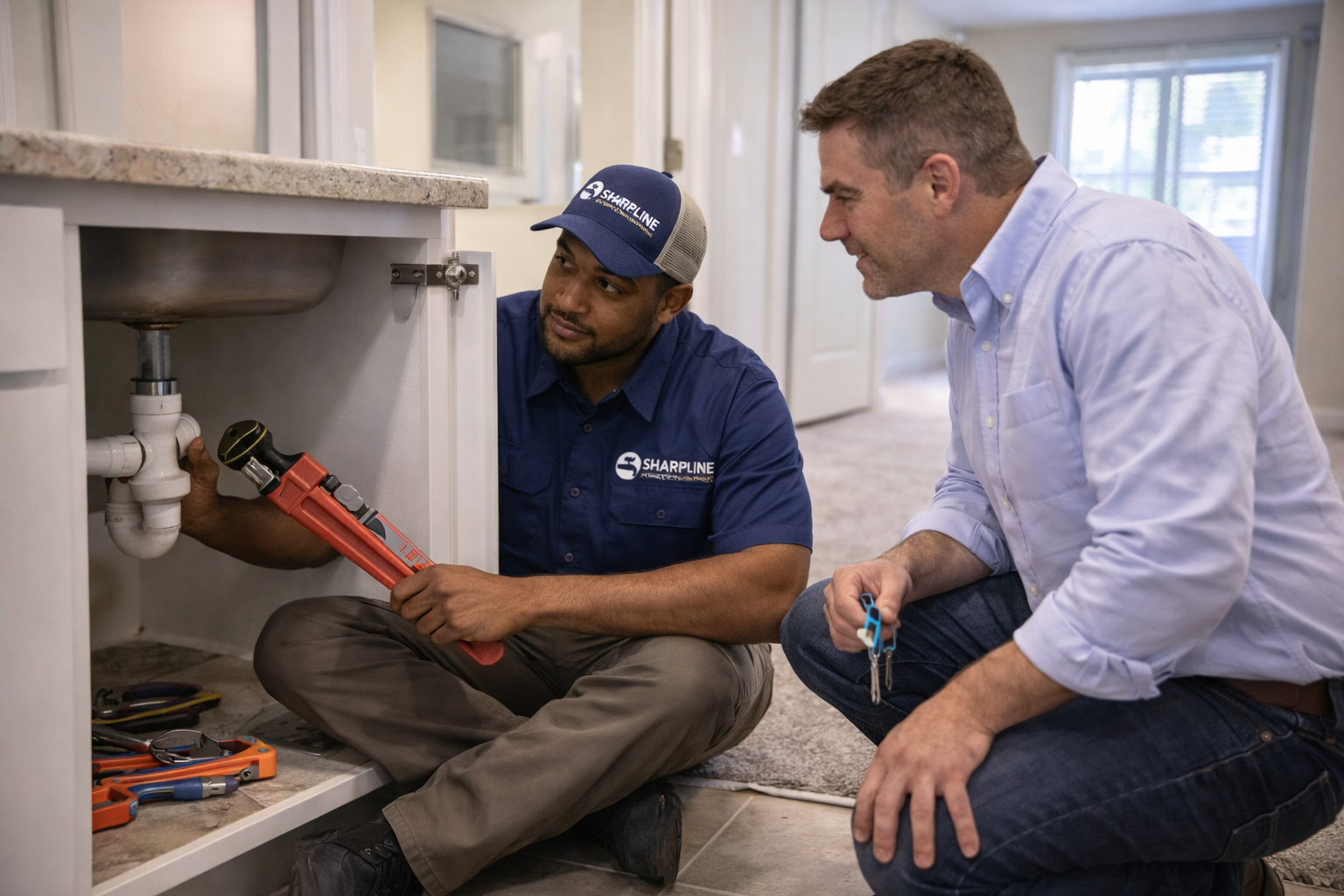 Sharpline Plumbing technician repairing under-sink plumbing during an apartment make-ready turnover to help property managers lease units faster.
