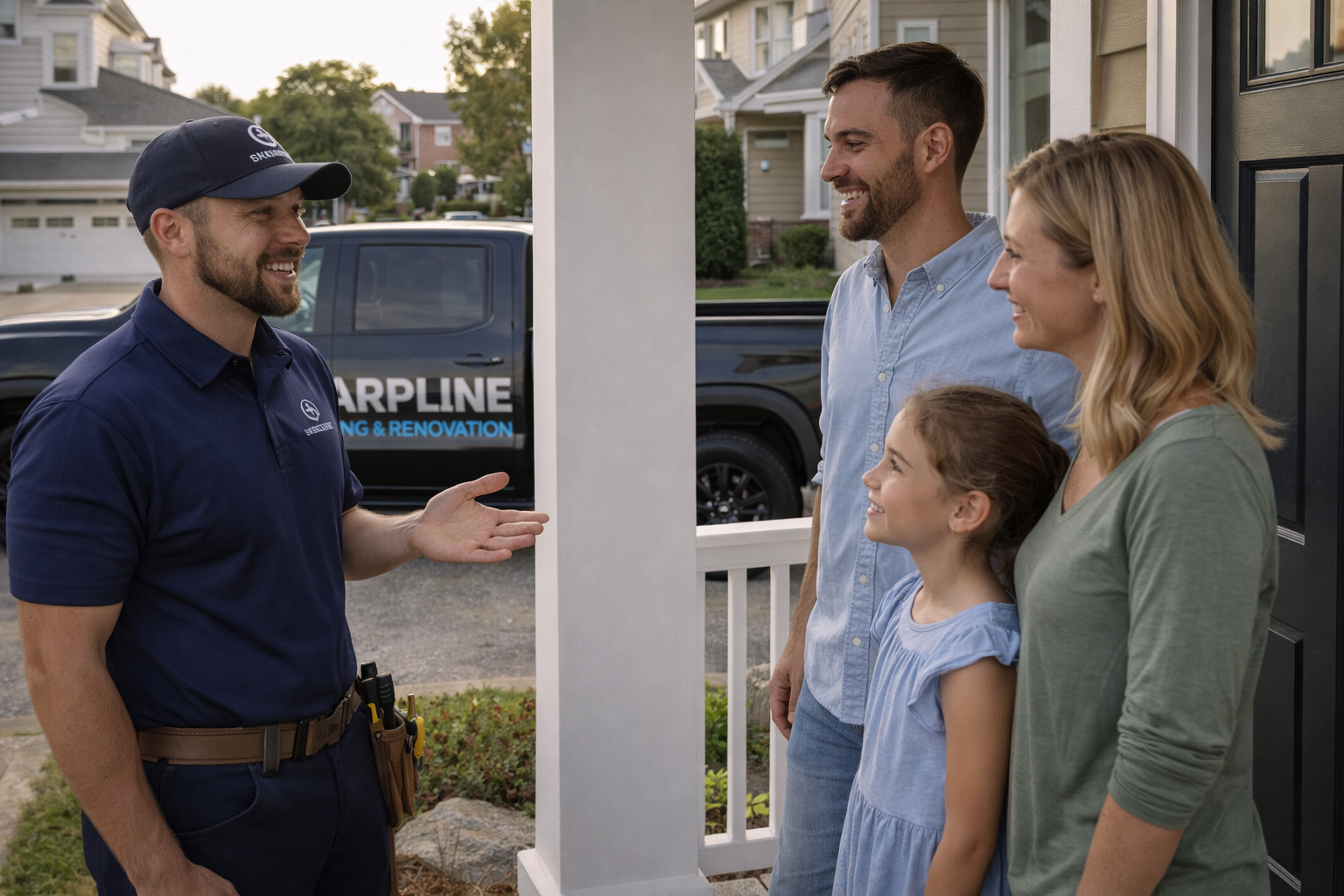 Sharpline plumber speaking with a homeowner on their porch in a Virginia’s 7 Cities neighborhood, with a Sharpline Plumbing & Renovation truck parked at the curb — highlighting trusted residential plumbing service throughout Hampton Roads.