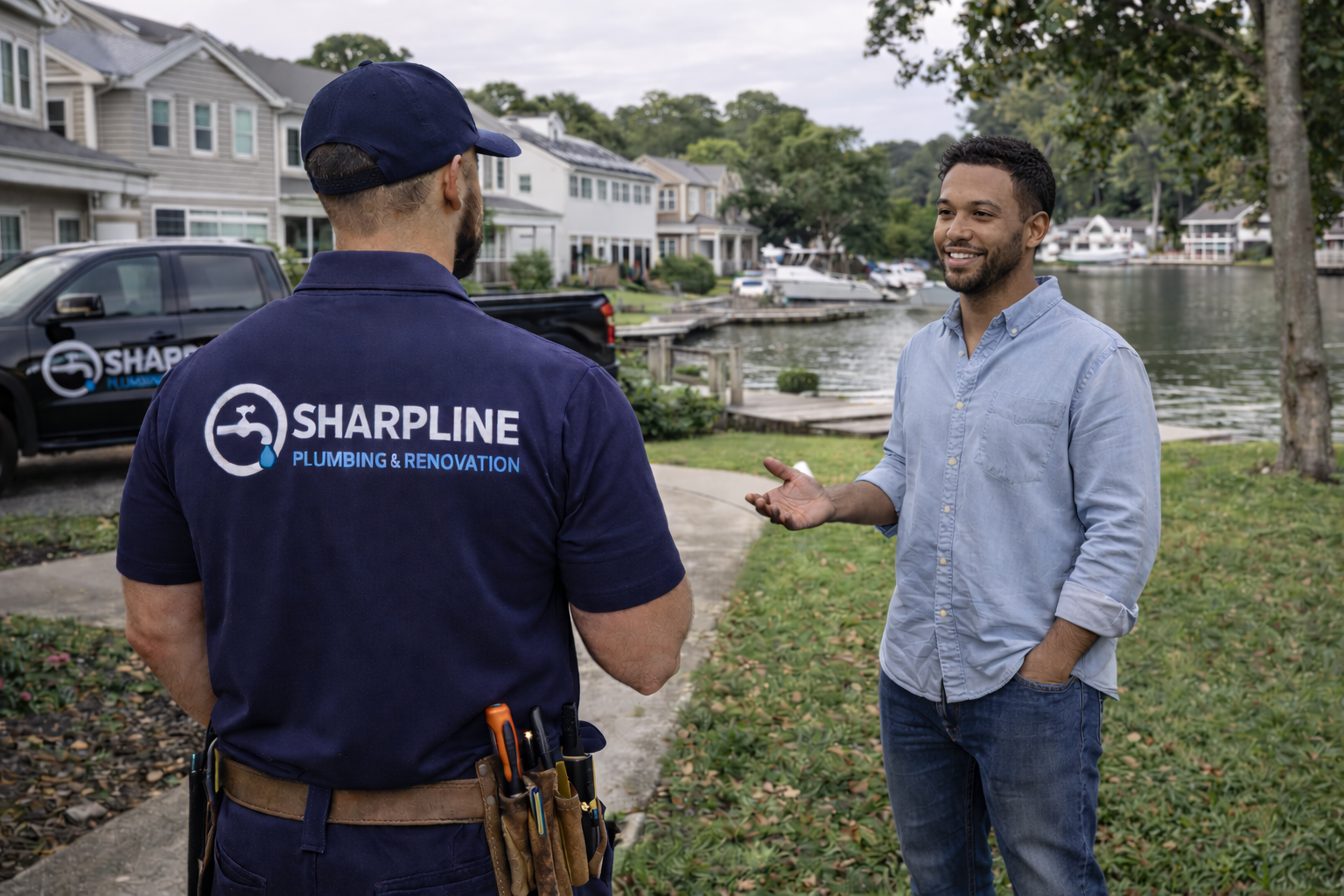 Sharpline Plumbing & Renovation technician consulting with a homeowner in a Hampton Roads neighborhood, reinforcing local, reliable plumbing service for residential and multi-family properties across Virginia’s 7 Cities.