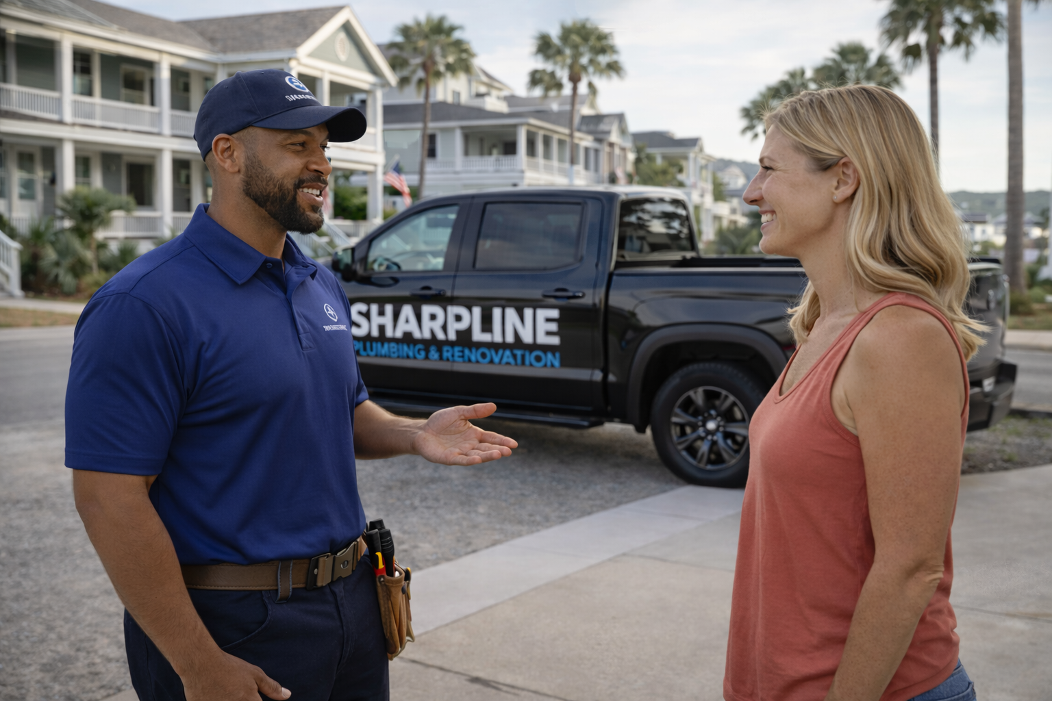 Professional Sharpline Plumbing & Renovation technician speaking with a homeowner outside a Virginia Beach coastal home, with a black Sharpline service truck parked in the driveway.