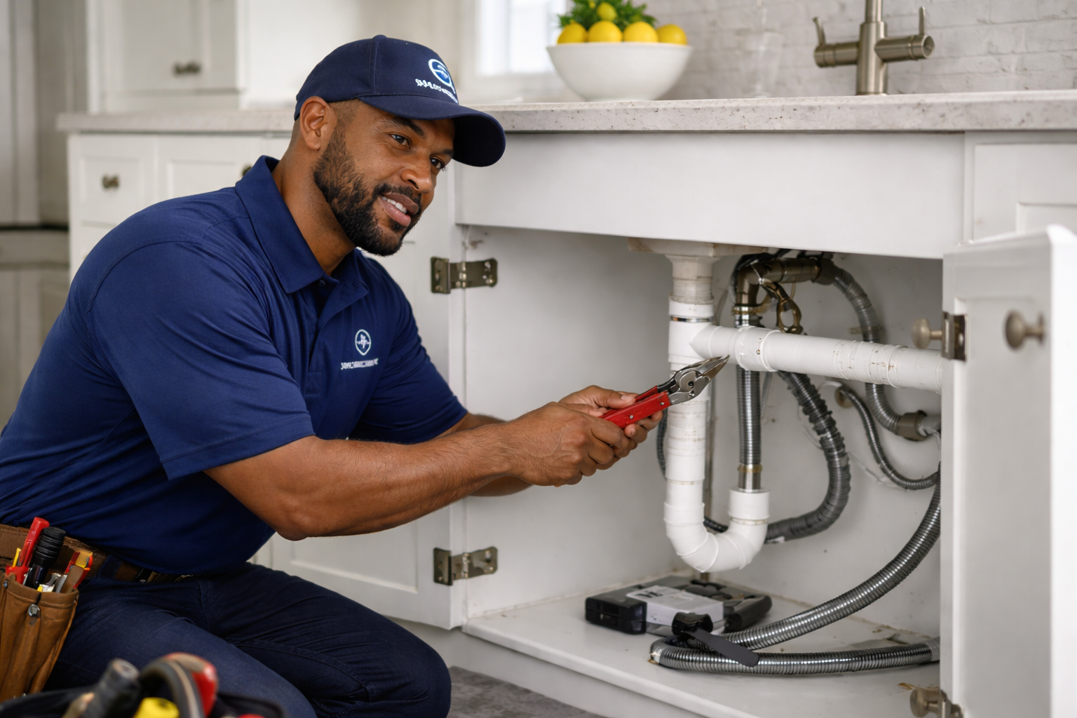 Sharpline Plumbing & Renovation technician repairing real PVC plumbing under a kitchen sink inside a Virginia Beach home using professional red-handled pliers and a full tool kit.