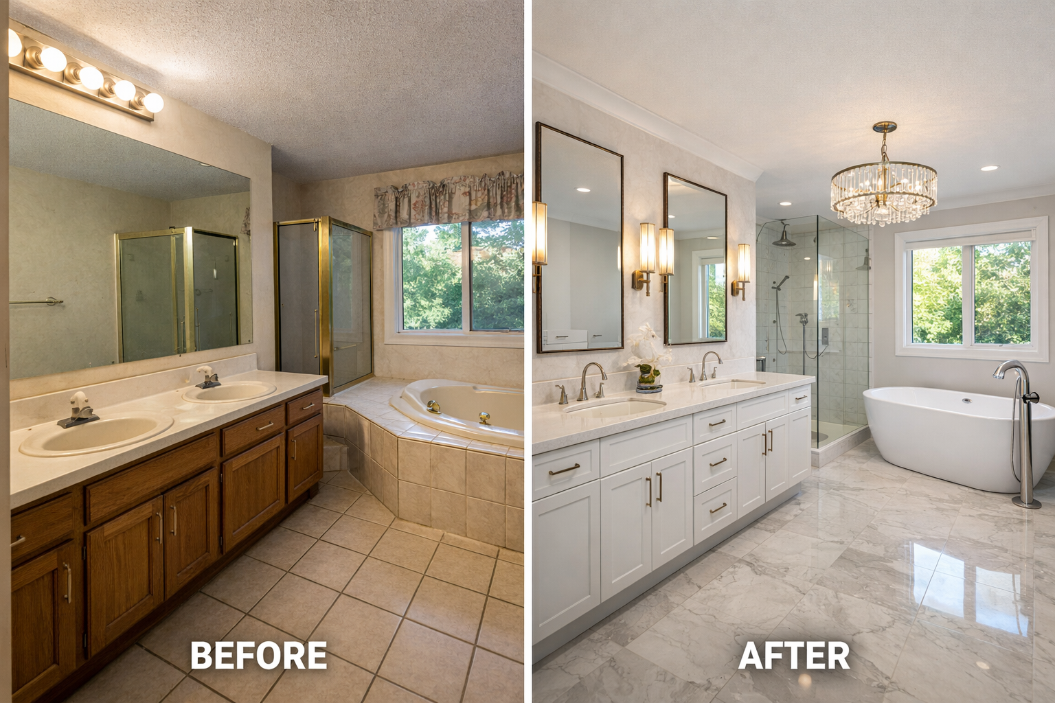 Before and after bathroom renovation by Sharpline Plumbing & Renovation featuring a large master bathroom remodel with freestanding tub, glass shower, and custom double vanity.