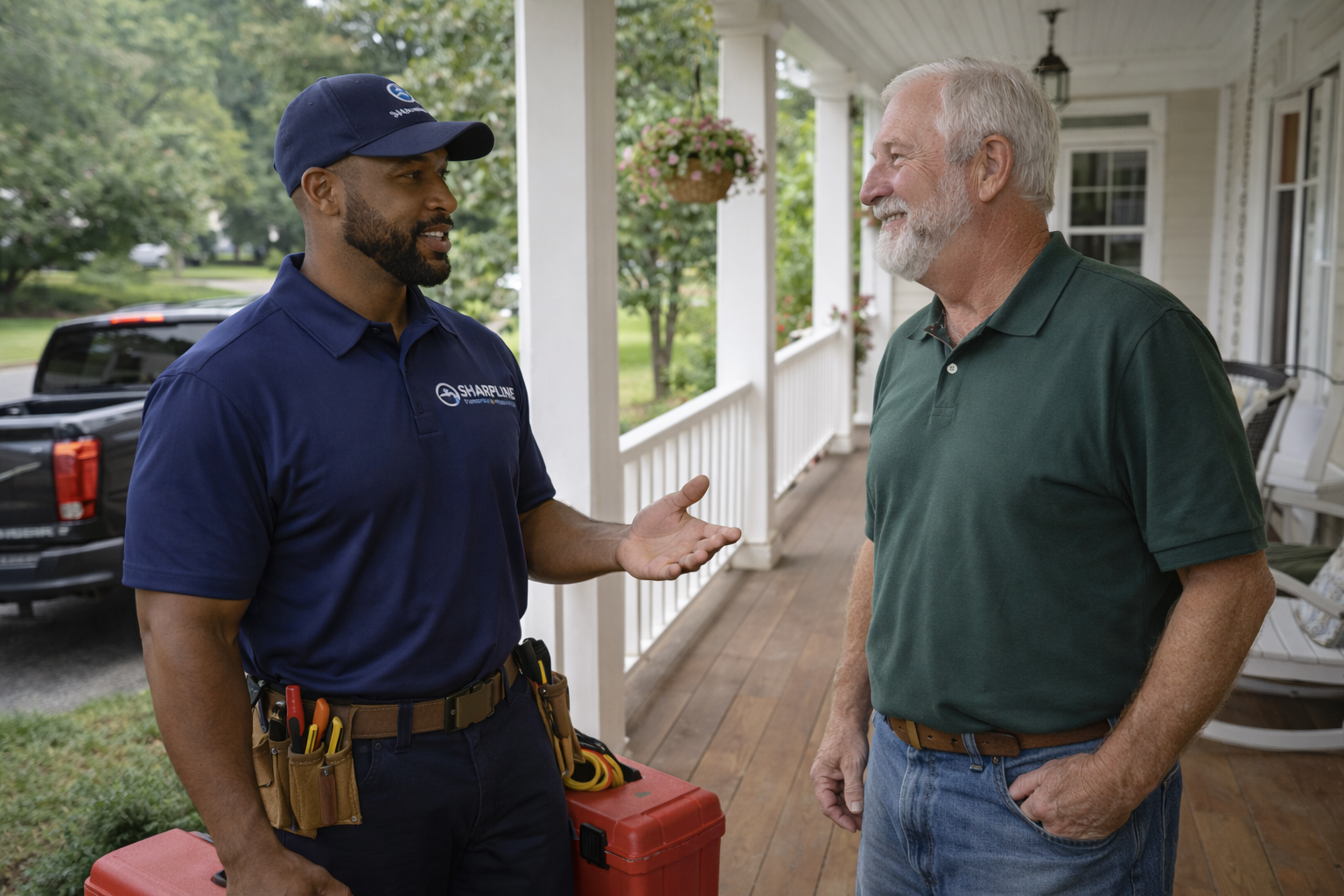 Emergency plumber speaking with a Chesapeake homeowner on front porch during a service call for urgent plumbing repair