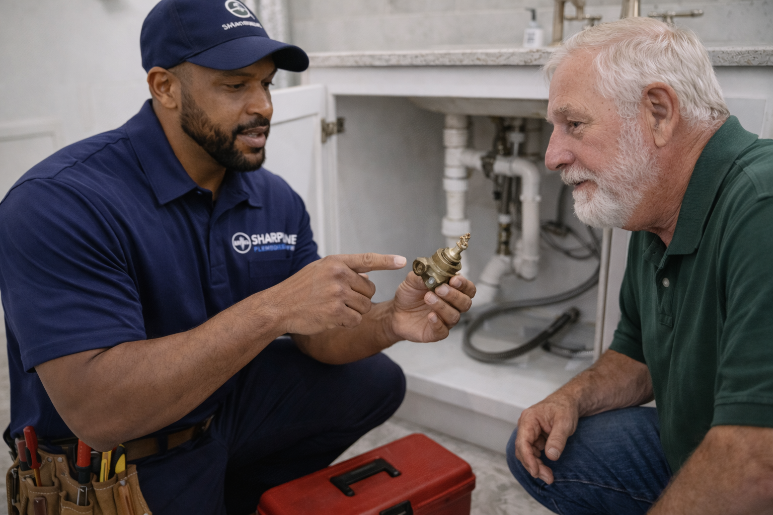 Chesapeake emergency plumber showing a faulty valve to a homeowner under a kitchen sink during an urgent repair