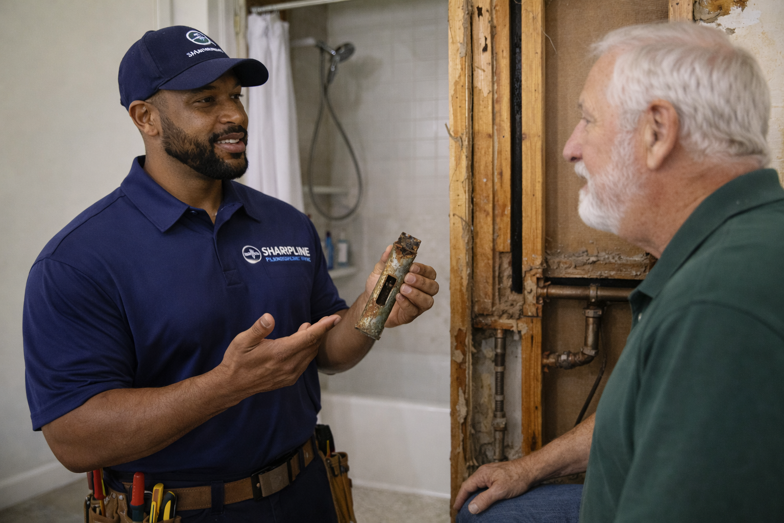 Norfolk Emergency Plumbing Repair – Sharpline Plumbing & Renovation Norfolk emergency plumber showing a corroded shower valve to a homeowner during urgent bathroom repair