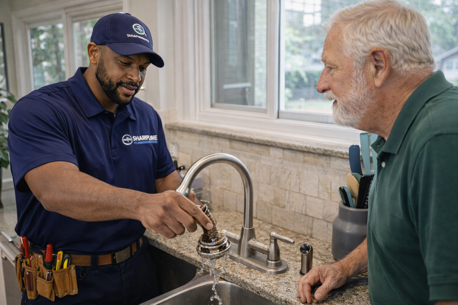 Sharpline plumber diagnosing a leaking kitchen faucet and explaining the issue to a Chesapeake homeowner. Sharpline Plumbing & Renovation plumber repairing a leaking kitchen faucet in a Chesapeake, VA home