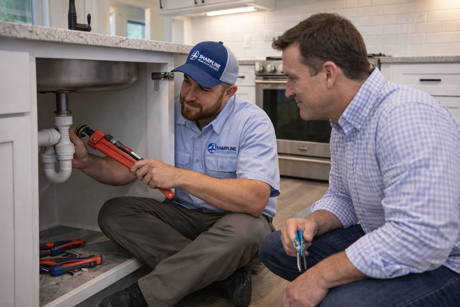 Sharpline Plumbing technician repairing kitchen sink drain under cabinet for homeowner in Portsmouth Virginia