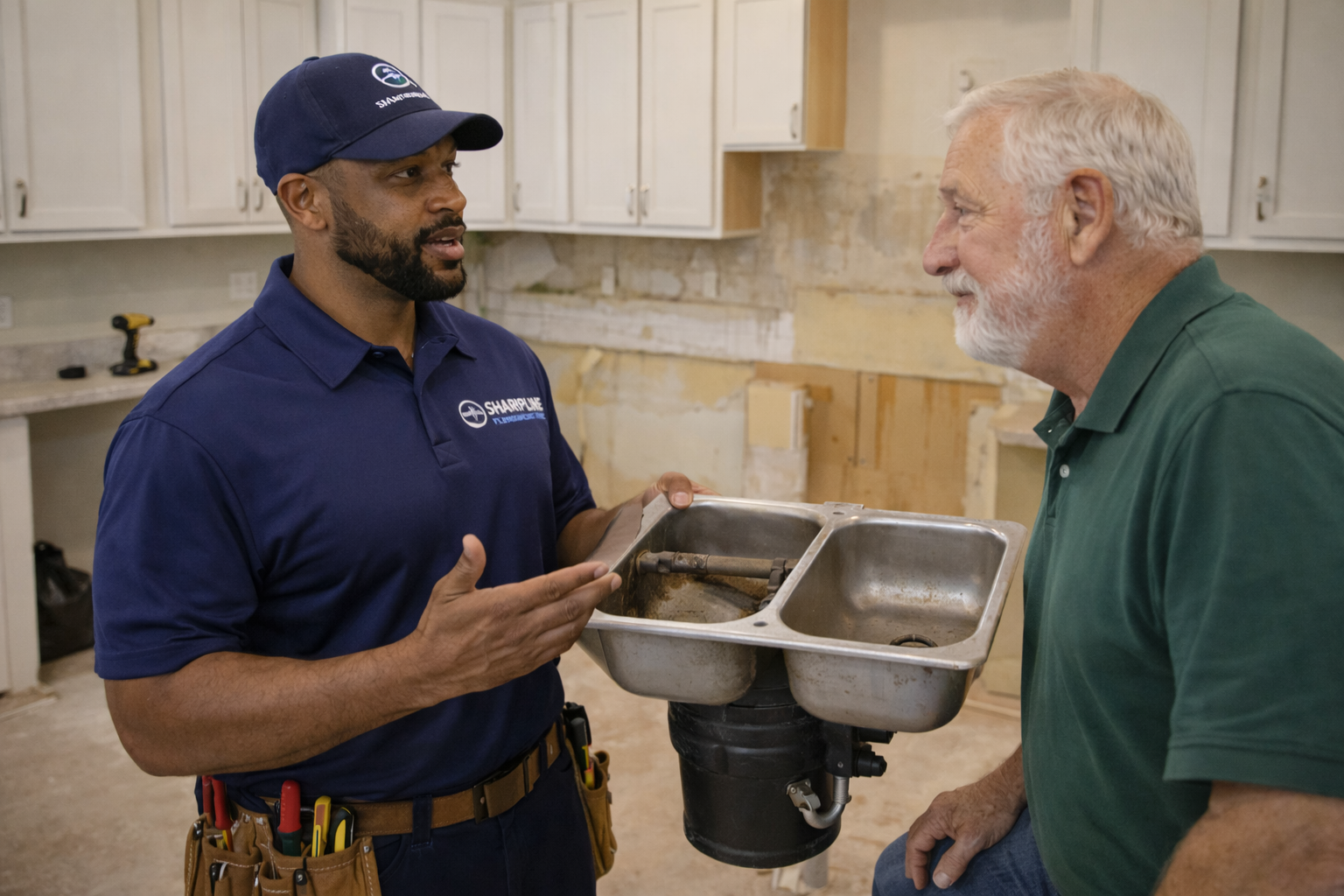 Sharpline Plumbing technician discussing kitchen sink plumbing repair with homeowner during kitchen renovation in Newport News Virginia