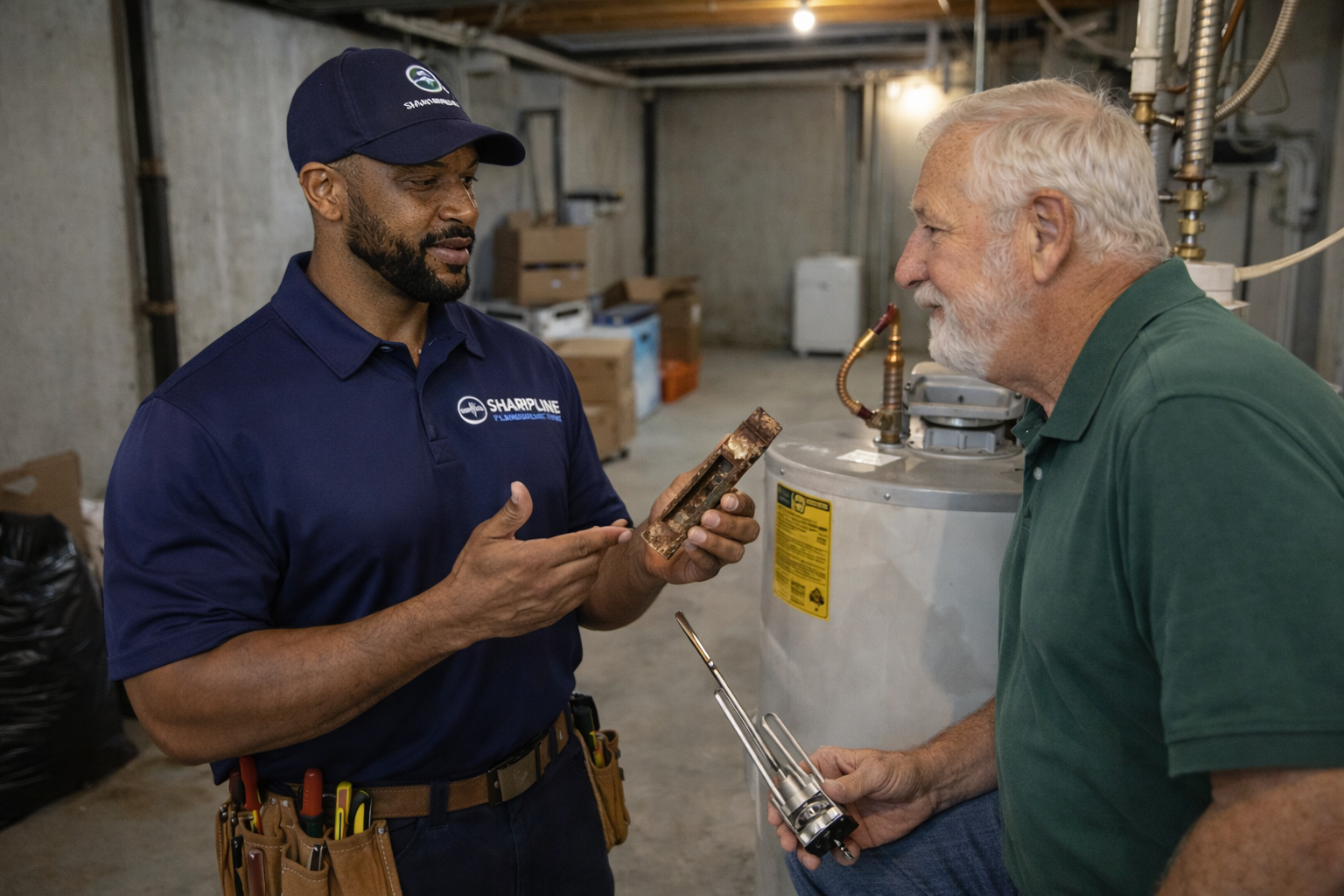 Sharpline Plumbing technician explaining water heater repair to homeowner in a basement in Newport News Virginia