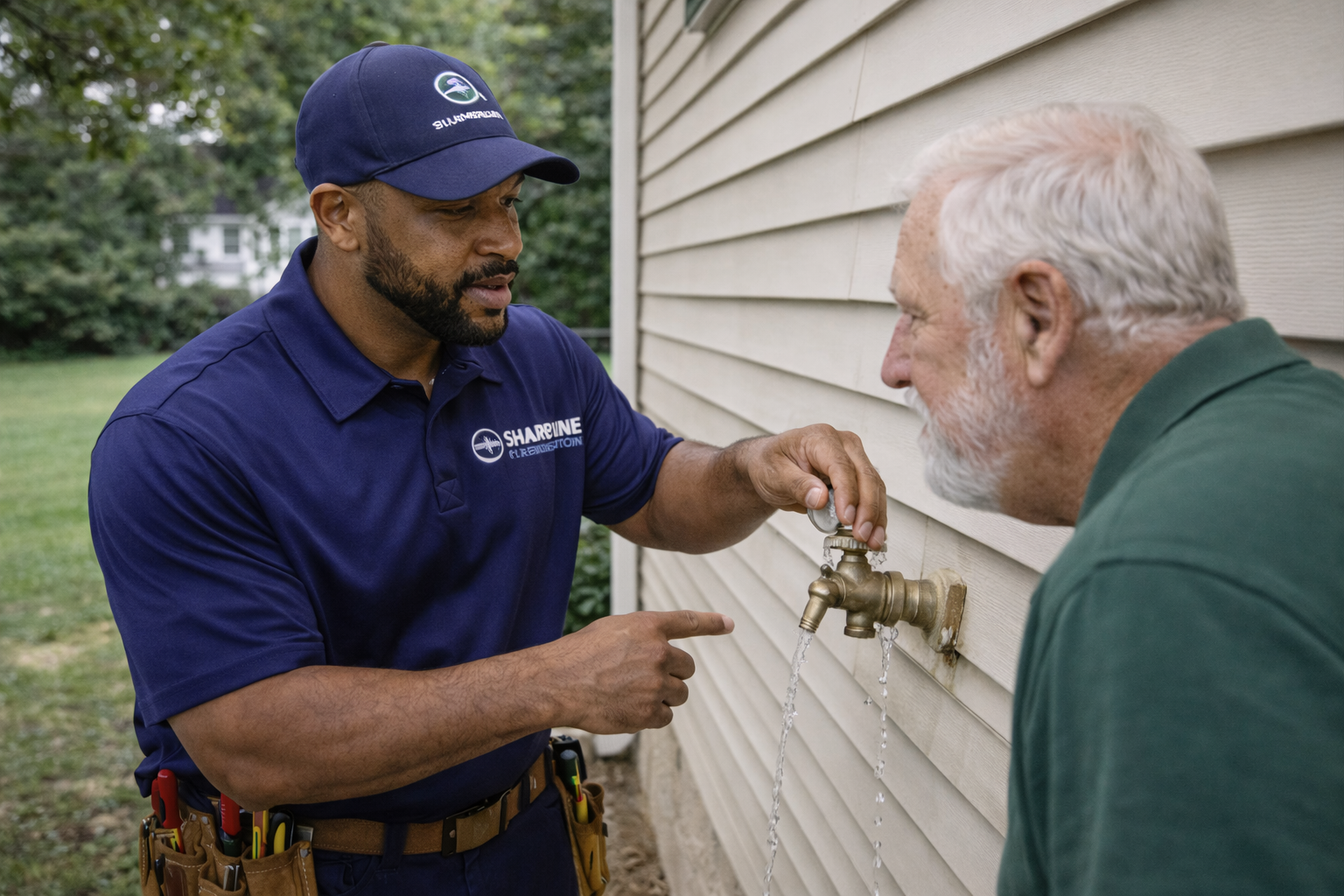 Sharpline plumber repairing outdoor faucet in Hampton VA Sharpline Plumbing technician repairing leaking outdoor hose bib for homeowner in Hampton Virginia