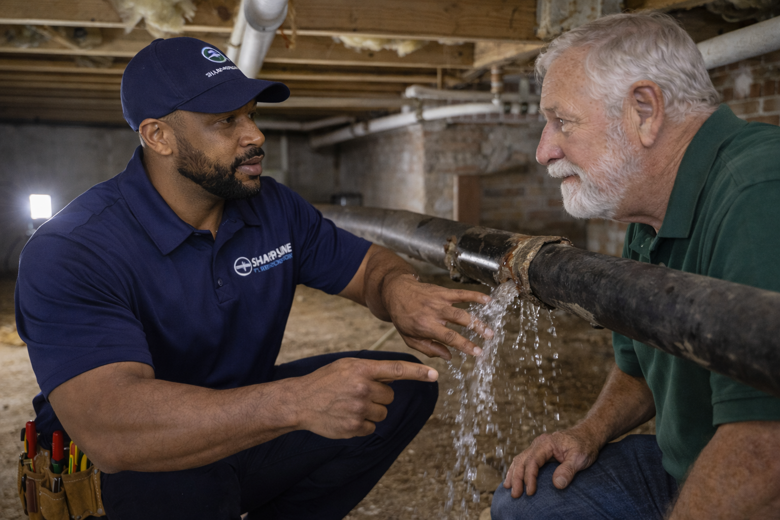 Sharpline plumber repairing leaking pipe in crawl space in Hampton VA Sharpline Plumbing technician showing homeowner a leaking pipe during crawl space plumbing repair in Hampton Virginia