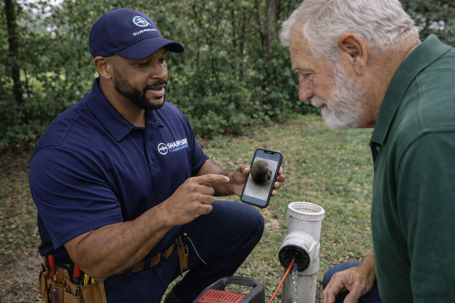 Sharpline Plumbing technician showing homeowner sewer camera inspection results in Portsmouth Virginia